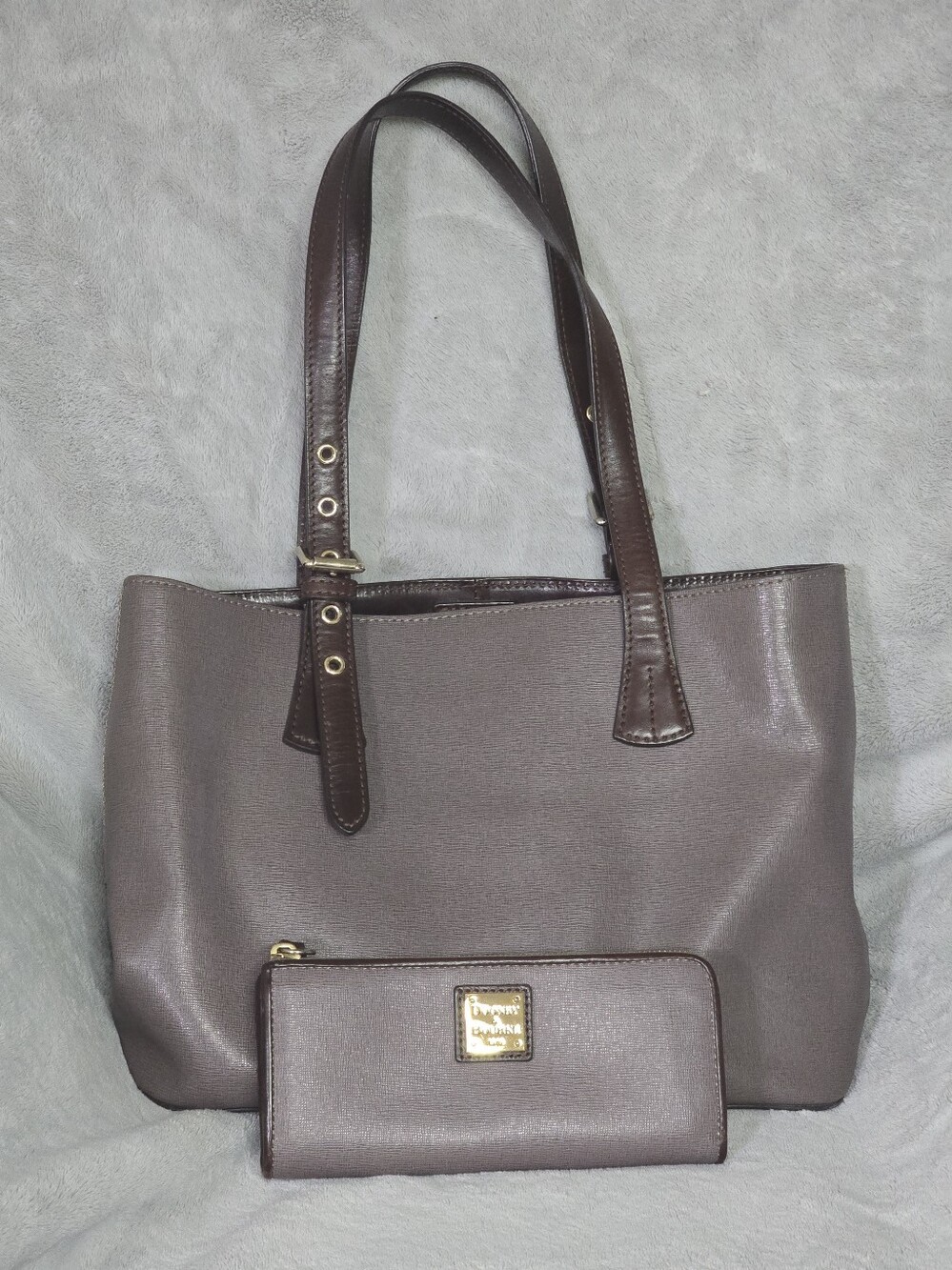 Dooney & Bourke Brown-Taupe Leather Trim Tote with Matching Wallet
